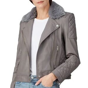 Grey Quilted Leather Biker Jacket